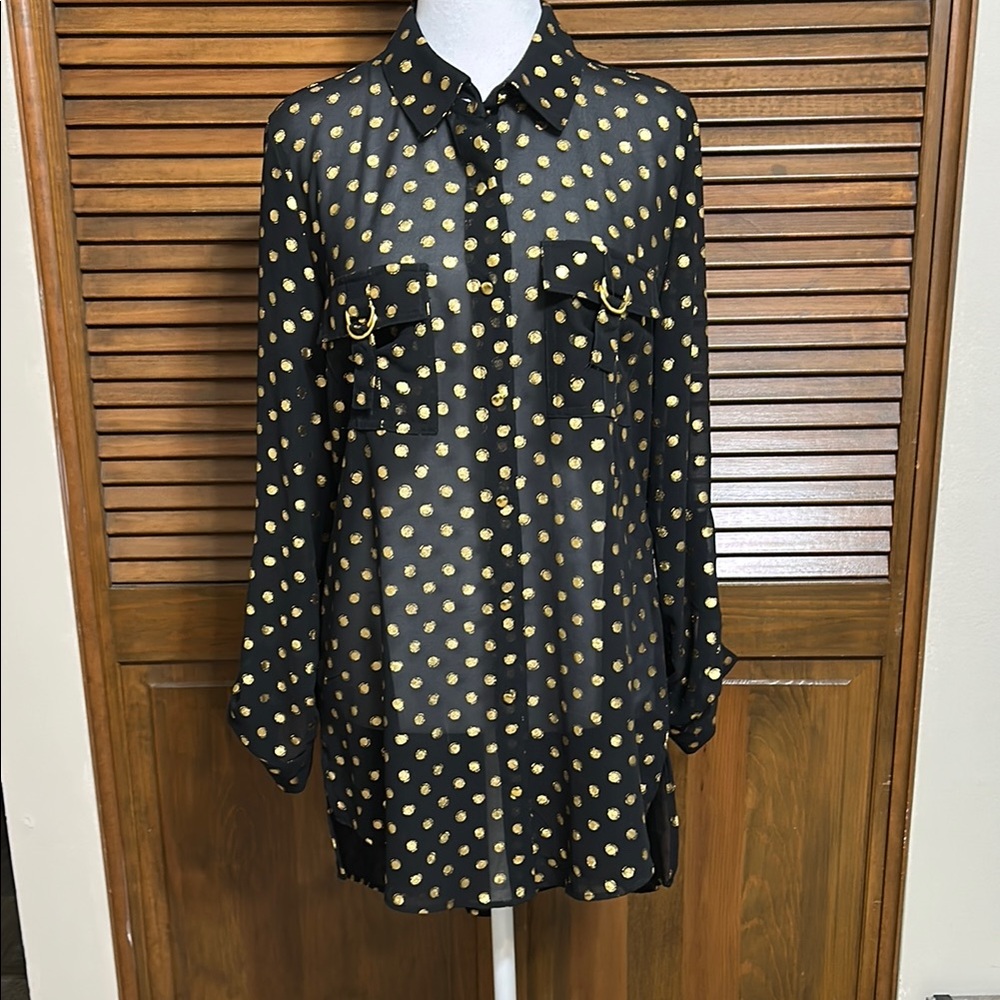 Black with Gold Metallic Roll-up Tab Sleeves Sheer Blouse Tunic Size S